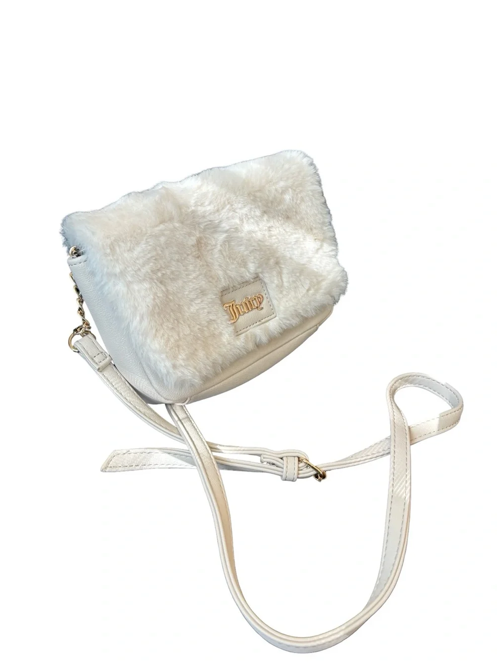 Juicy Couture Cream Faux Fur Crossbody Shoulder Bag with Gold Logo